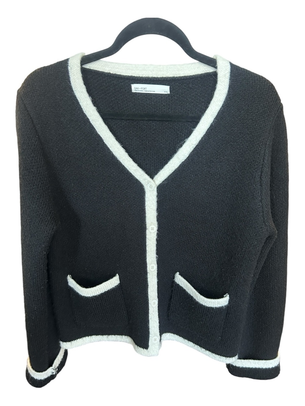 OAK + FORT Wool Blend Contrast Edge V-Neck Cardigan Sweater Black Cream Sz M